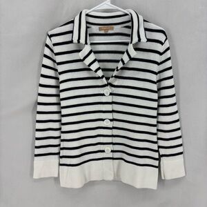 Kier + J Navy White Stripe Cotton Button Front Collared Knit Cardigan Medium
